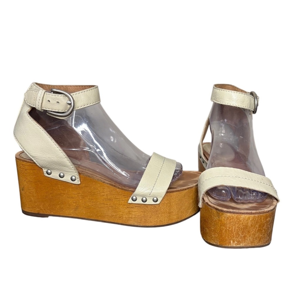 Frye Alva‎ Cream Platform Sandal Wedge Leather Ankle Strap Women's Size 8